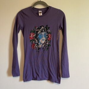 Y2K Glam Ed Hardy Shirt XS Christian Audigler Tee Sleeve Skull Girl Purple